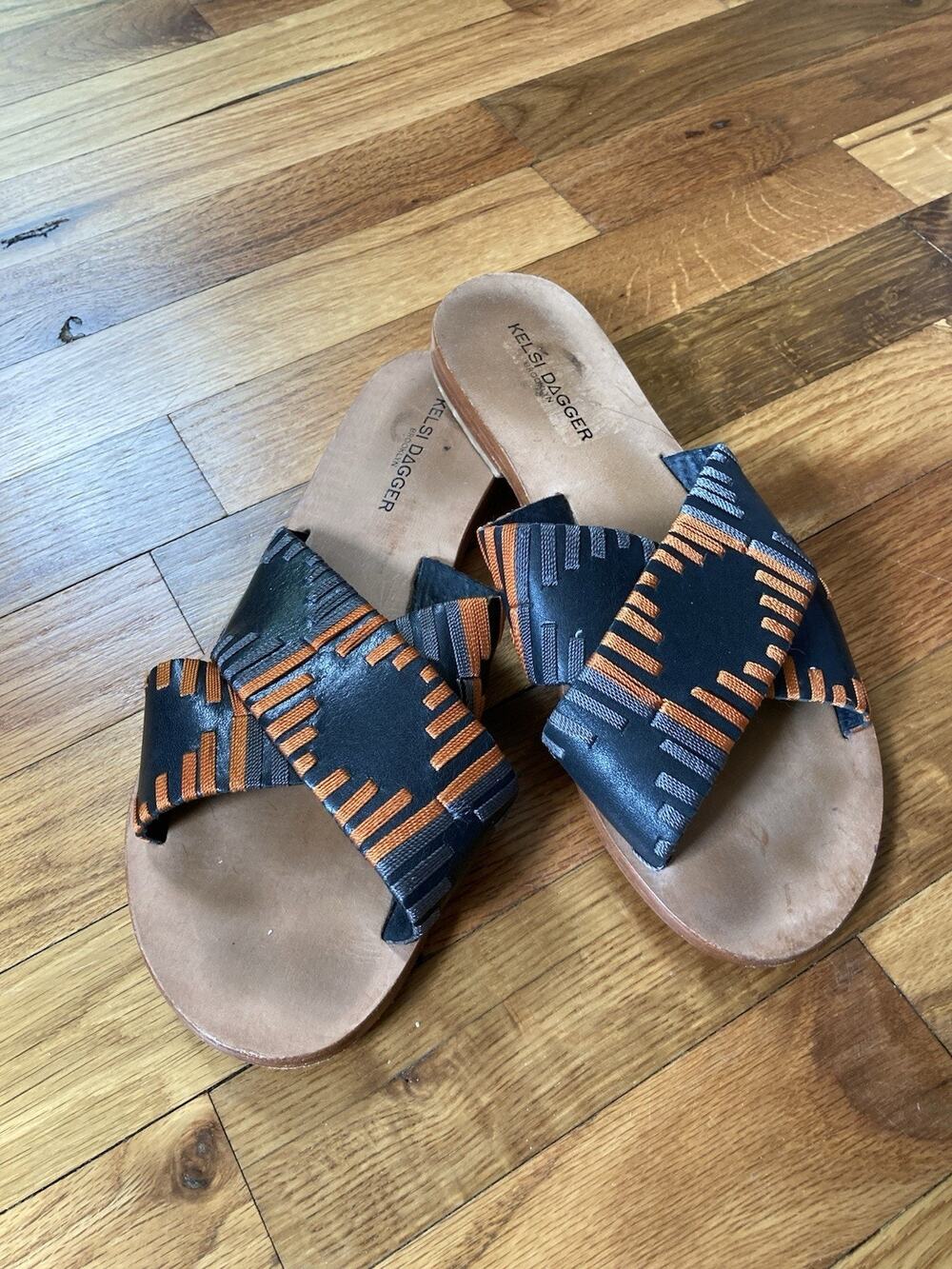 Anthropologie KELSI DAGGER Crown Woven Black Leather Sandals Slides Shoes 8.5